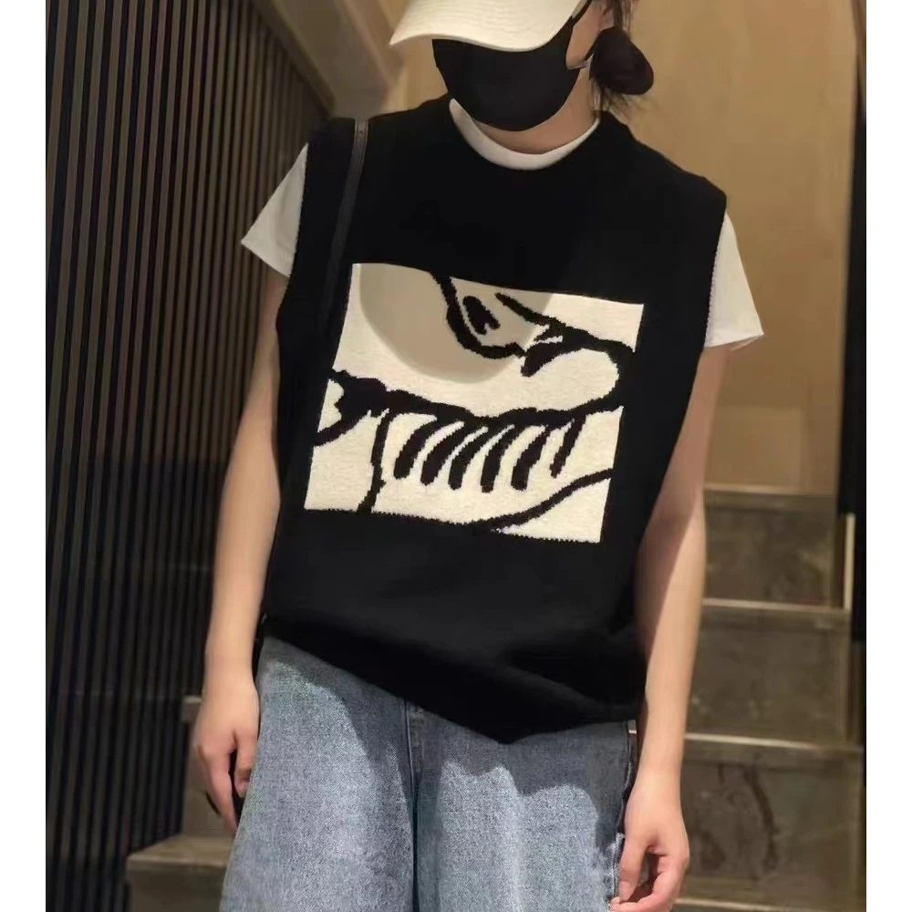 圆领拼色提花无袖针织马甲毛衣背心女外搭韩版宽松洋气叠穿坎肩秋