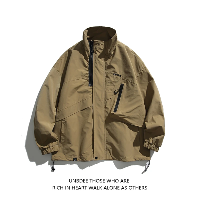 UNBDEE日系复古户外纯色冲锋衣外套男2023秋宽松情侣立领工装夹克