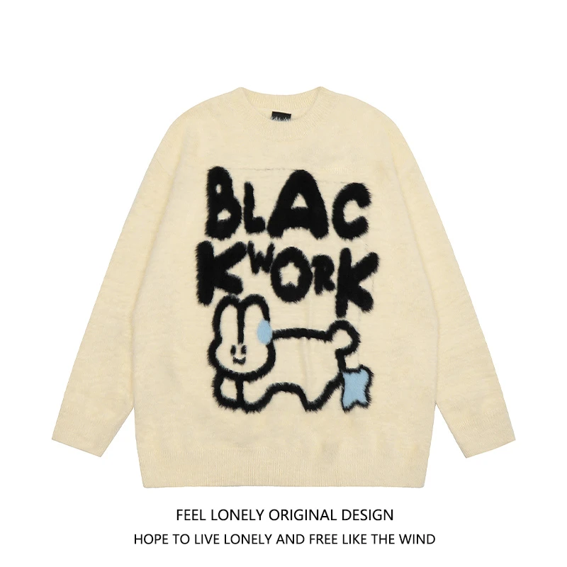 Feel lonely美式原创卡通水貂绒可爱兔子毛衣男女情侣针织衫上衣