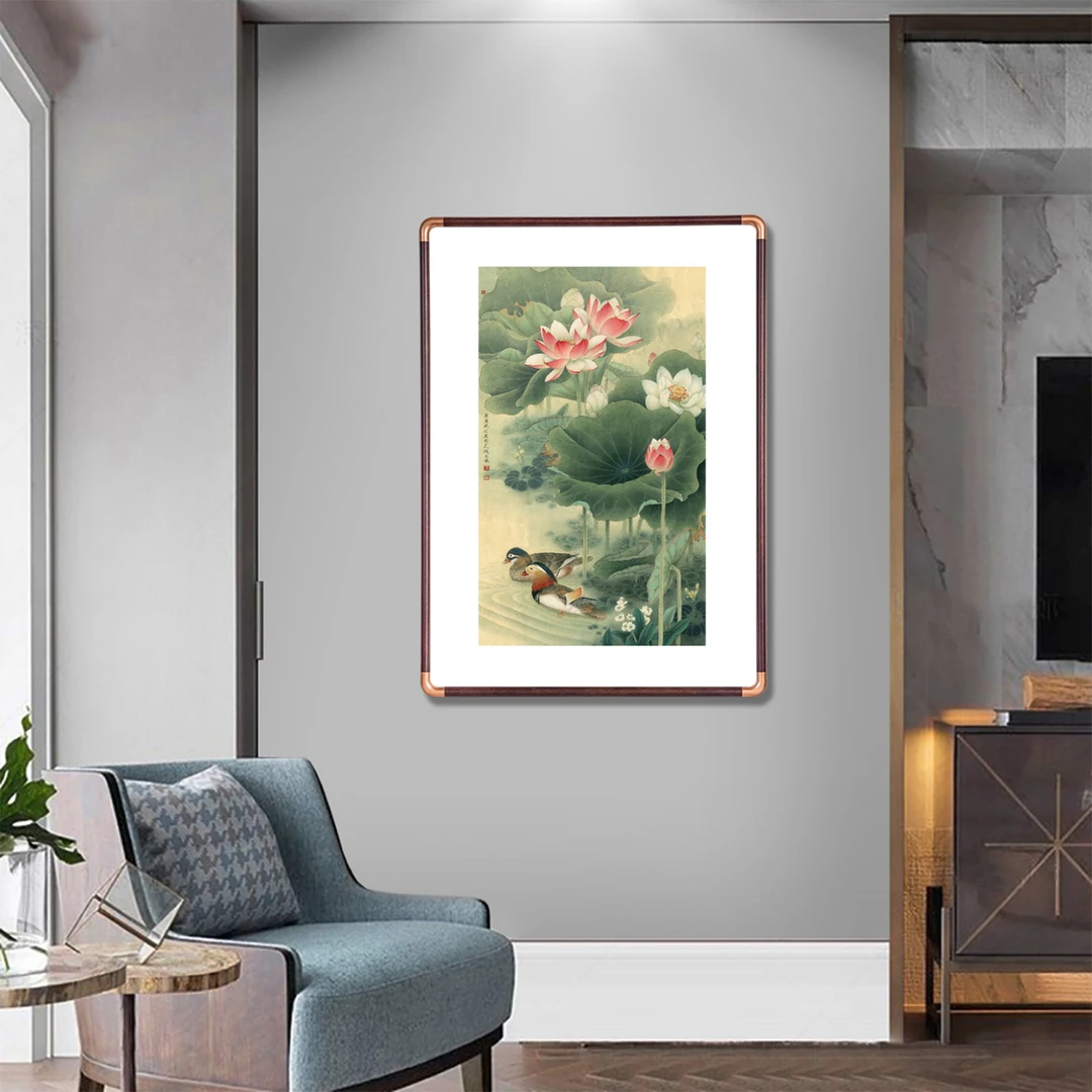 【仿铜角263】120*80荷花鸳鸯图纯实木框客厅玄关装饰挂墙画