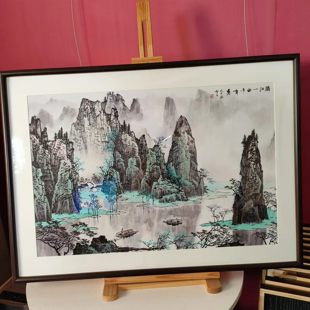 【K008】50*70漓江山水图纯实木框新中式客厅茶室家居装饰挂墙画