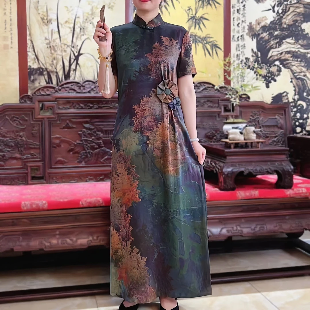 祥安姿服饰M「胡杨林」（C215127）香云纱桑蚕丝改良旗袍裙国风