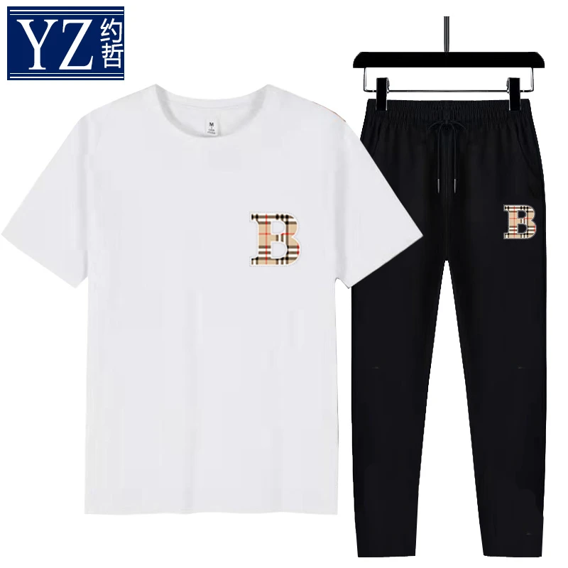 约哲B8669冰丝t桖透气夏季速干健身衣服运动服套装长裤球服男短袖