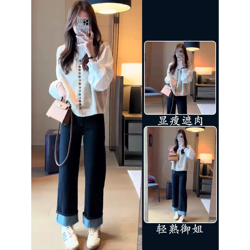 秋装搭配一整套减龄洋气彩虹纽扣圆领针织马甲盐系穿搭三件套装女