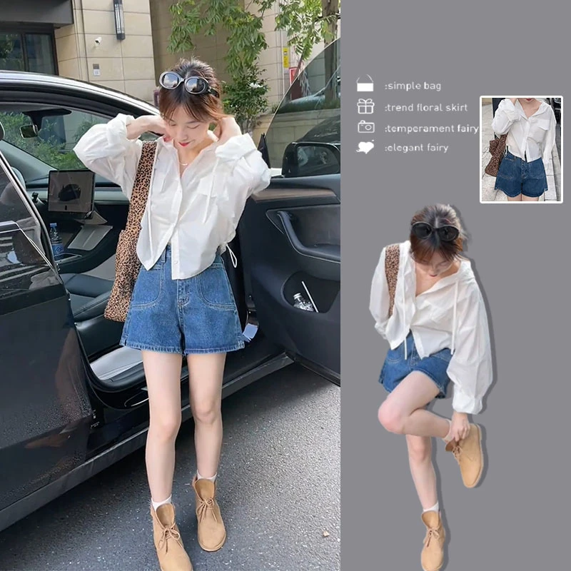 2025早秋新款韩系穿搭一整套设计感显瘦连帽衬衫牛仔短裤两件套女