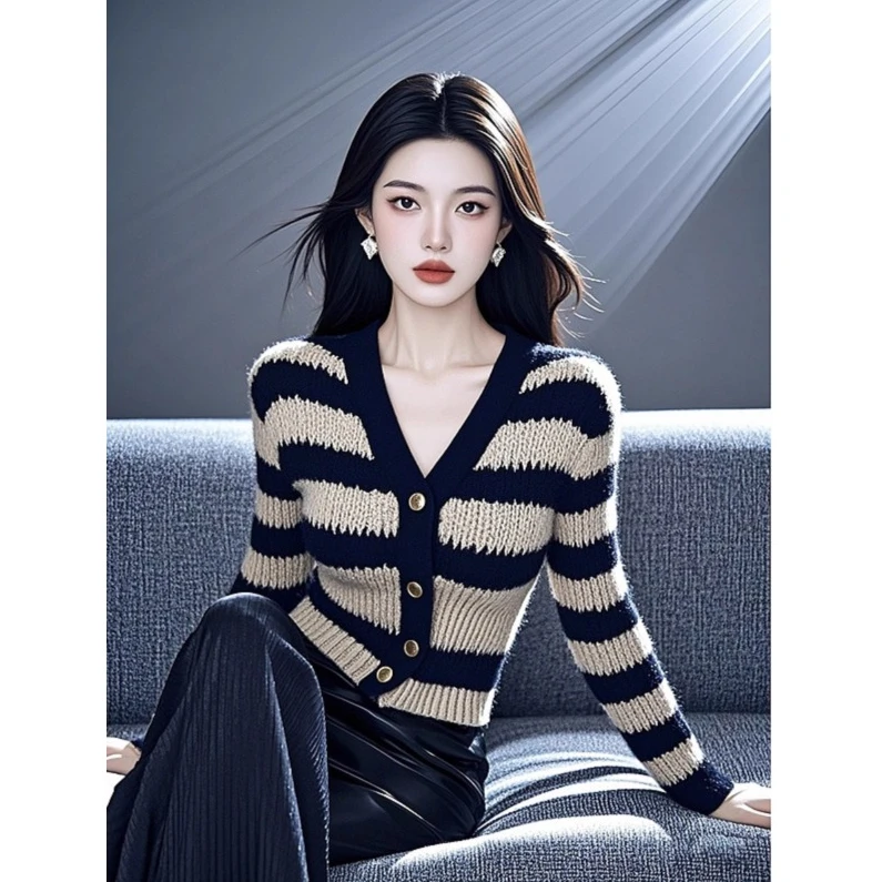 撞色V领条纹外搭长袖针织开衫女2025早秋季新款休闲长裤两件套女