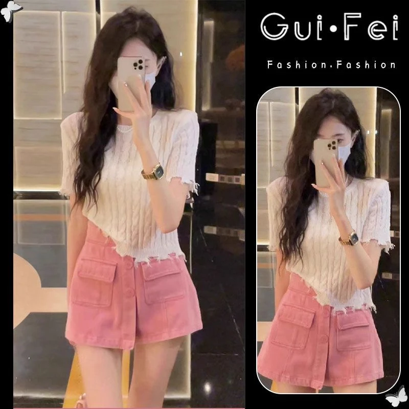 小个子可盐可甜两件套夏季流苏毛边短袖针织衫高腰A字裙裤套装女