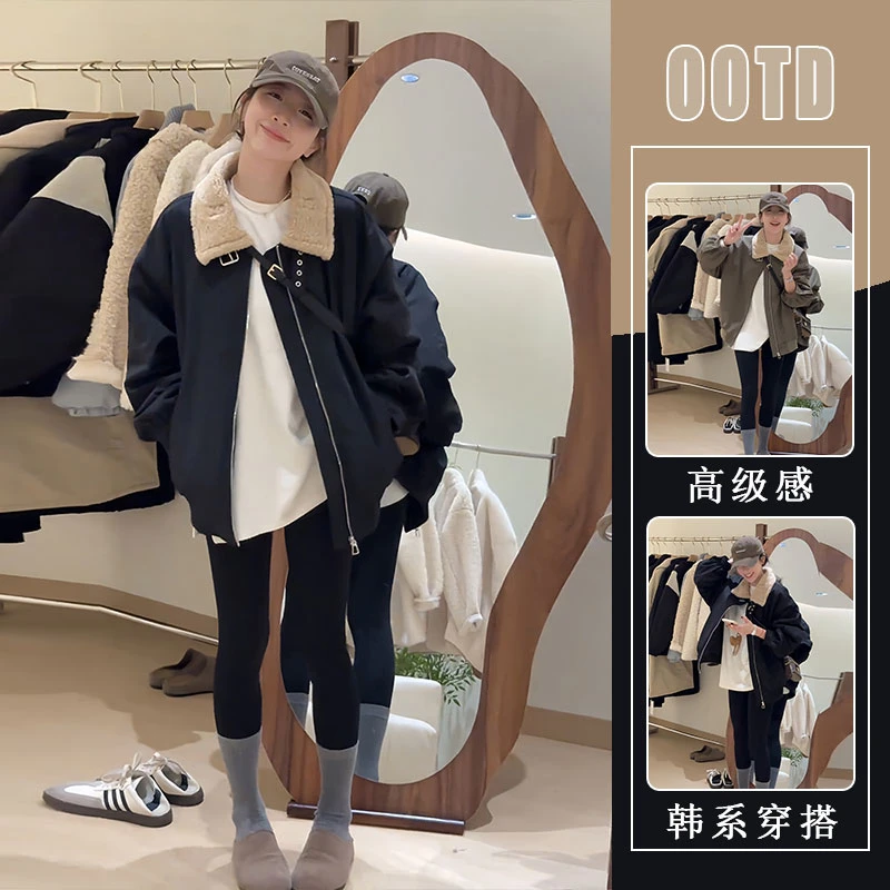 韩版翻领拼接毛领黑色外套女2025冬季新款宽松显瘦夹棉加厚派克服