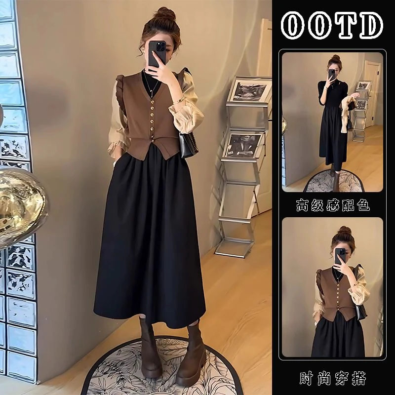 秋装搭配一整套2025新款设计感木耳边假两件针织开衫连衣裙两件套