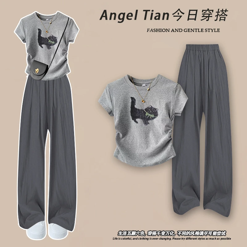 梨形身材穿搭套装女夏季收腰短袖印花T恤+阔腿休闲裤显瘦两件套潮