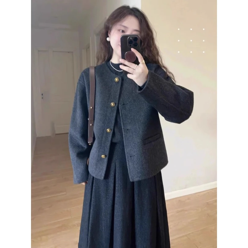 法式小香风黑色双面毛呢外套女秋冬季双面呢短款呢子大衣裙子套装