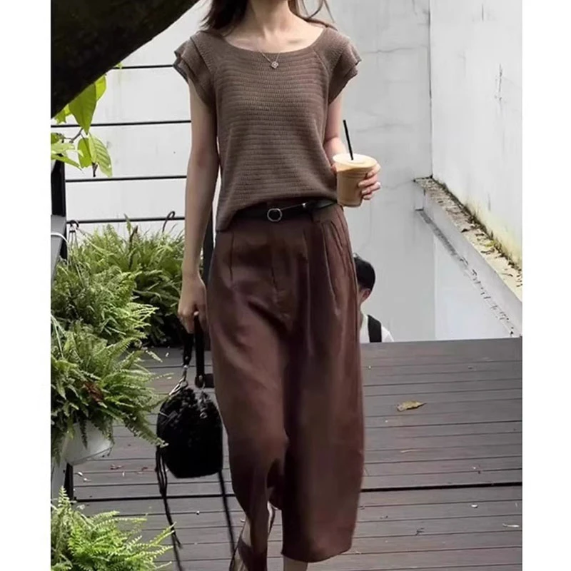 2024夏季今年流行时尚老钱风棕色冰丝t恤衫半身裙休闲两件套装女