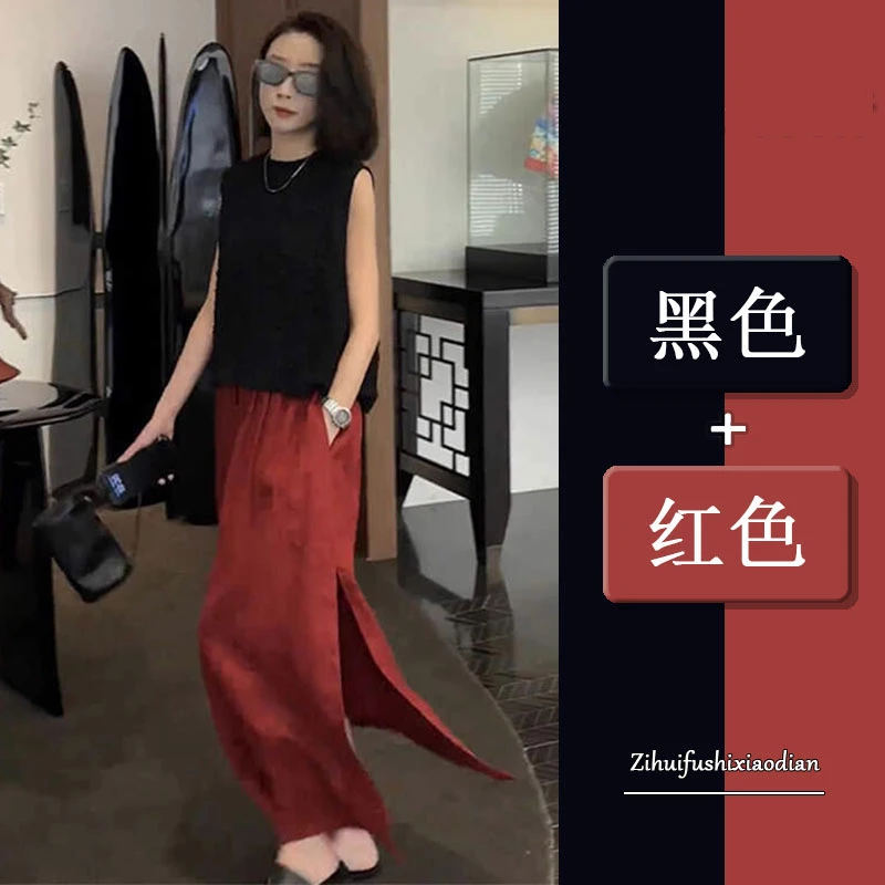 夏季套装女装2025新款法式时尚复古无袖背心T恤高腰显瘦半身裙女