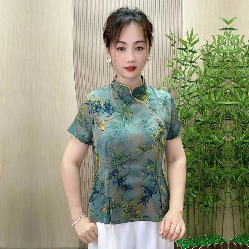 新中式中老年女装夏季新款薄款上衣洋气减龄妈妈装短袖T恤小衫