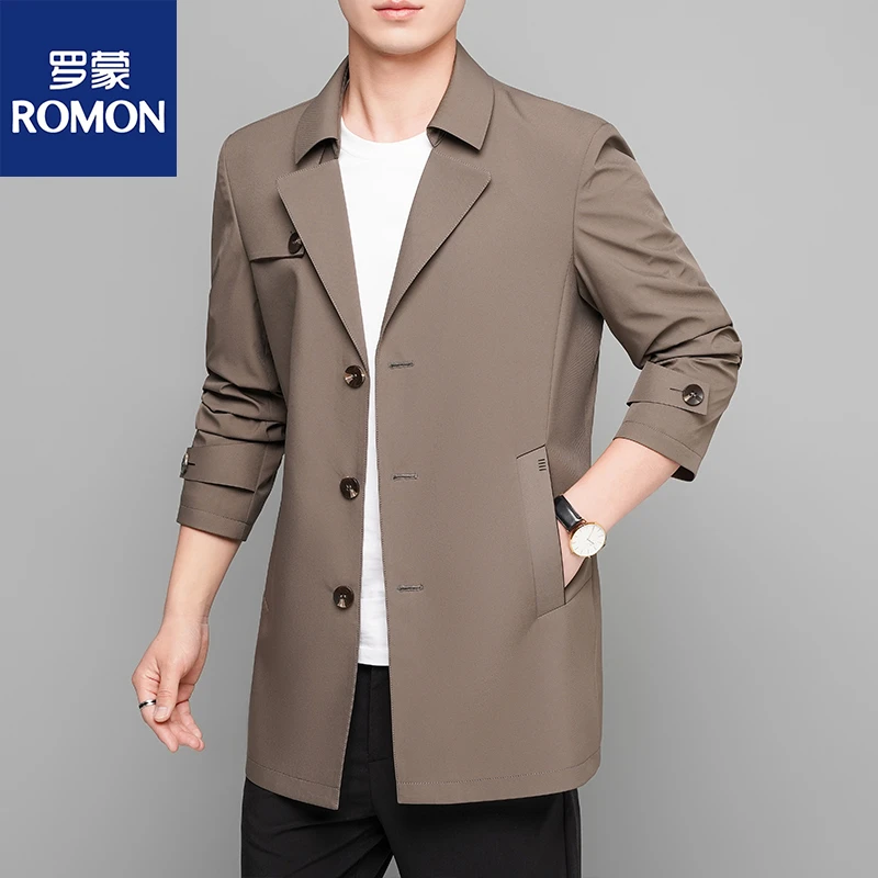 Romon/罗蒙男士中长款商务休闲长袖翻领风衣外套3510薄款百搭高档