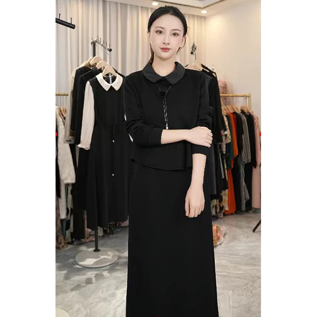 L173时尚气质中长款大码法式连衣裙套装收腰遮字气质显瘦连衣裙