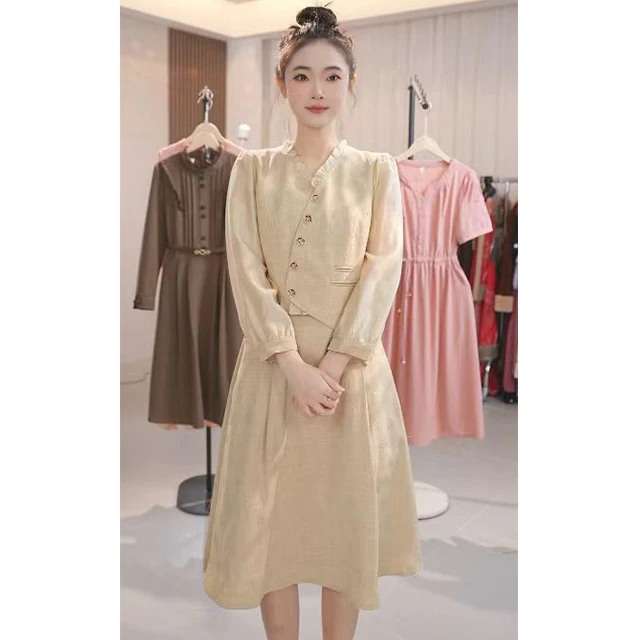 L175时尚新中式气质中长款大码法式连衣裙收腰遮字气质显瘦连衣裙