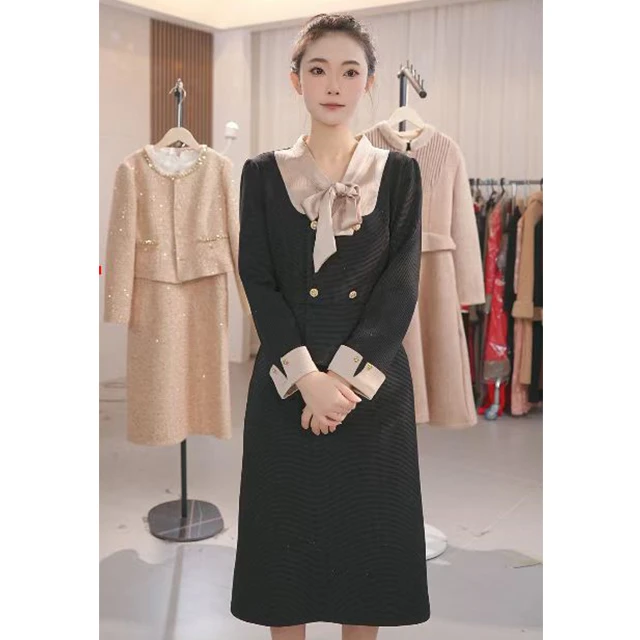 L7126时尚复古法式长袖连衣裙收腰遮字气质显瘦中长款大码法式