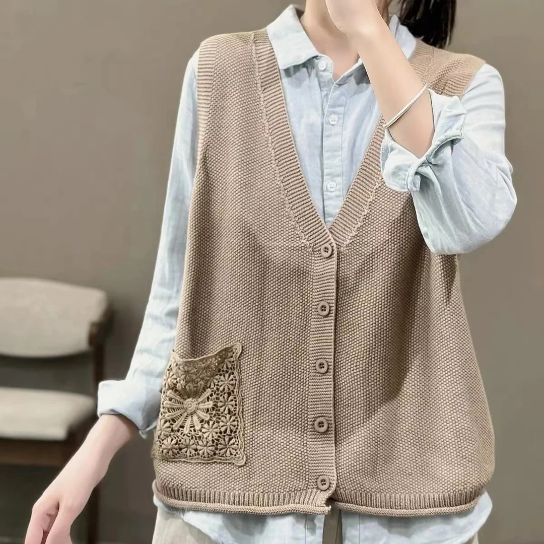 2025春秋款针织蕾丝口袋开衫休闲百搭马甲2313