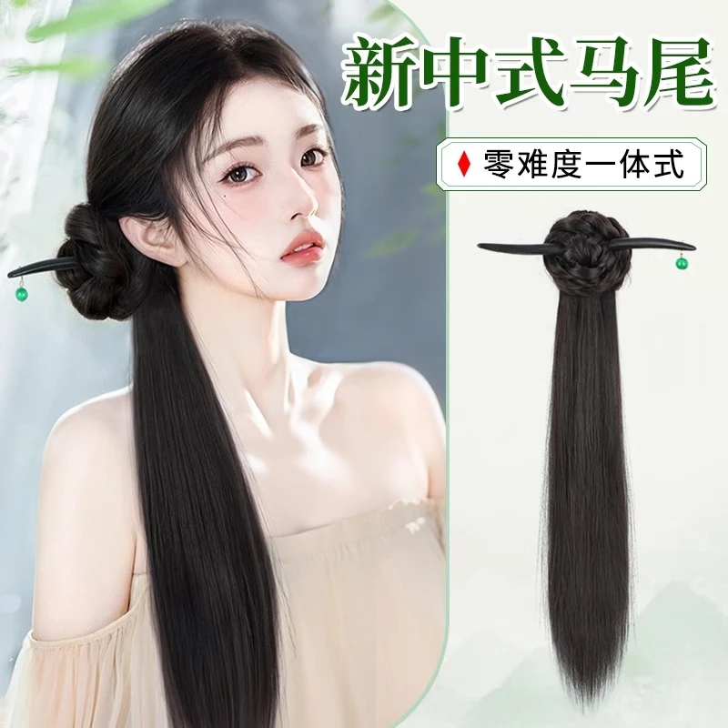 假发辫子女新中式国风假发发簪马尾仿真发汉服旗袍编发侧马尾假发