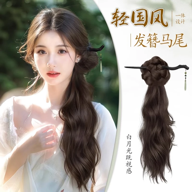 假发马尾辫子女轻国风发簪自然微卷古风汉服旗袍编发仿真发侧马尾
