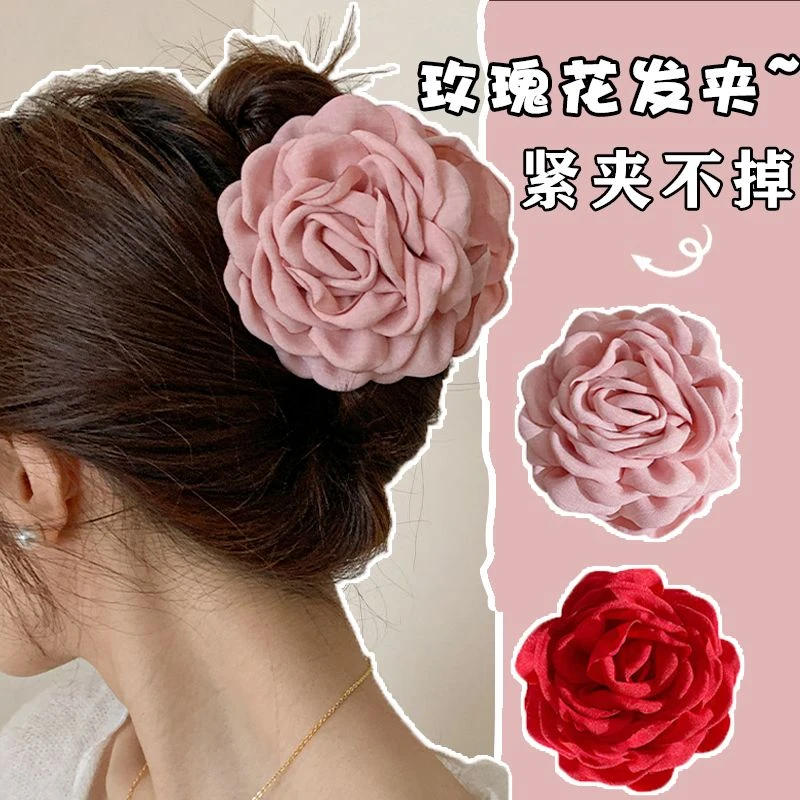 浪漫玫瑰花抓夹盘发头花后脑勺抓夹鲨鱼夹法式慵懒发卡女头饰大号