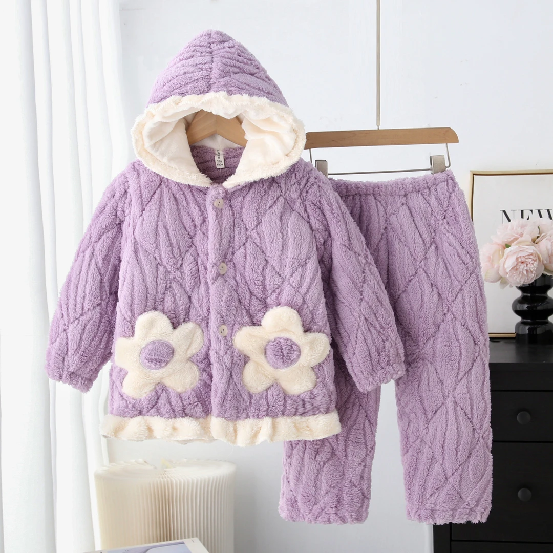 儿童加厚冬季带帽睡衣女童儿童三层加绒保暖女孩中长款家居服套装