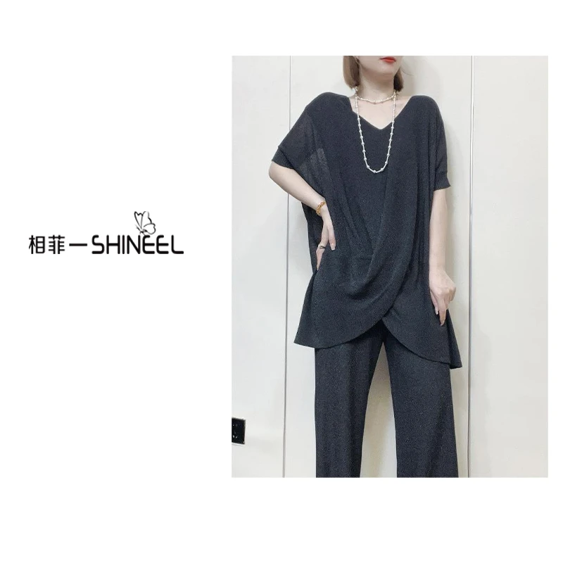 相菲一【上衣】显瘦休闲针织气质大码时尚宽松下摆开叉V领套头衫