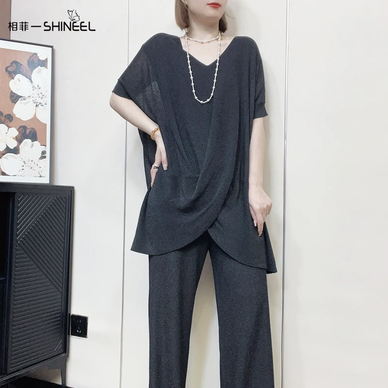 相菲一【套装】显瘦休闲针织气质大码时尚宽松下摆开叉V领套头衫