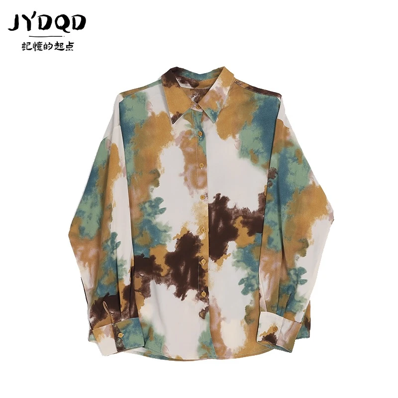 顶/春款上新复古长袖碎花衬衫女设计感polo领上衣ins潮扎染衬衫