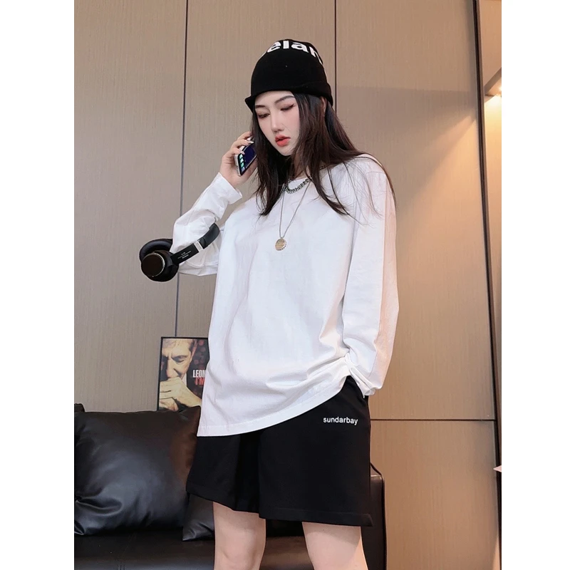 650净版纯色百搭圆领长袖宽松t恤女秋冬纯棉显瘦内搭男女情侣长袖