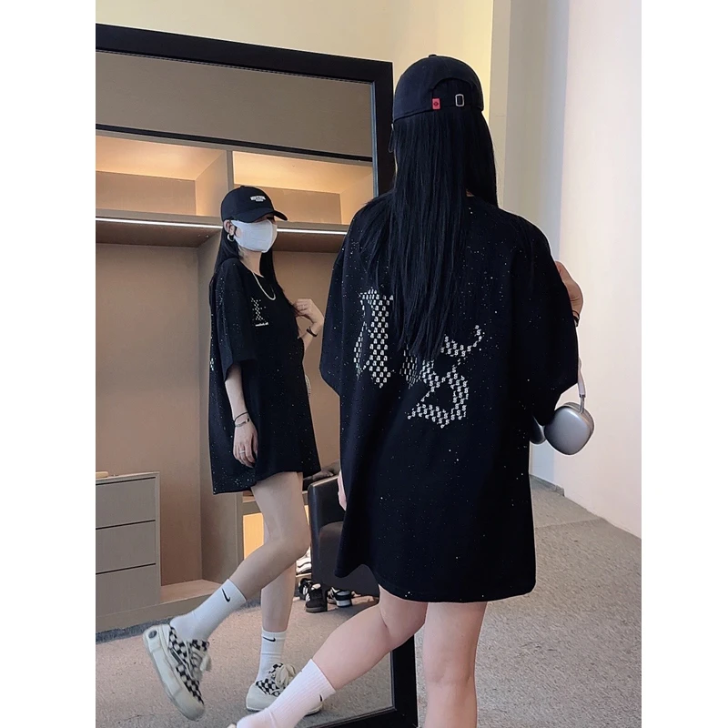 723潮牌时尚银色印花宽松显瘦短袖T恤夏季oversize小众中长款ins