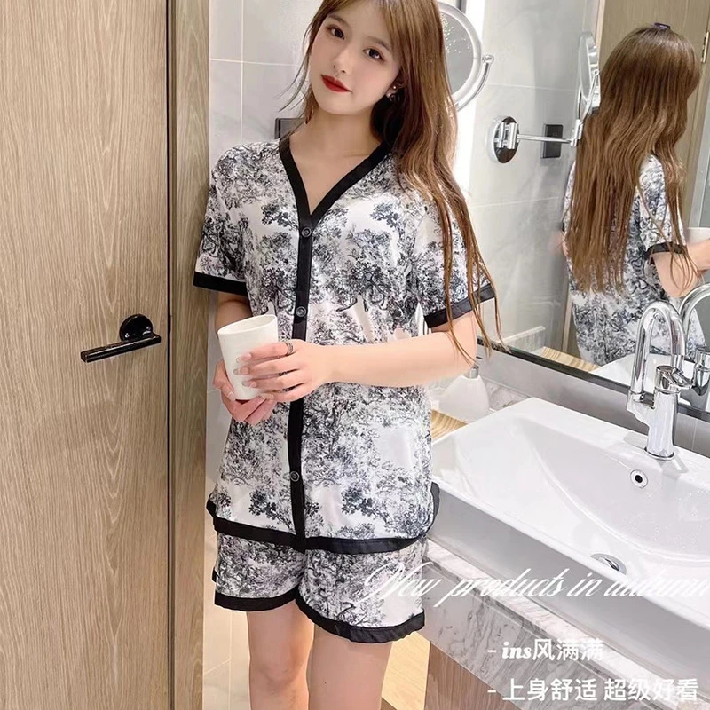 ins夏季国潮风水墨画时尚短款套装居家两件套睡衣家居服睡衣夏季