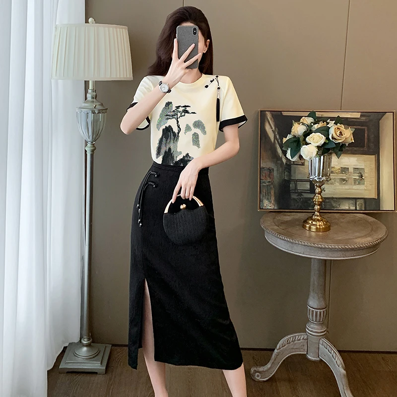 新中式国风时尚套装夏季轻熟提花气质小众开叉包臀半身裙子两件套