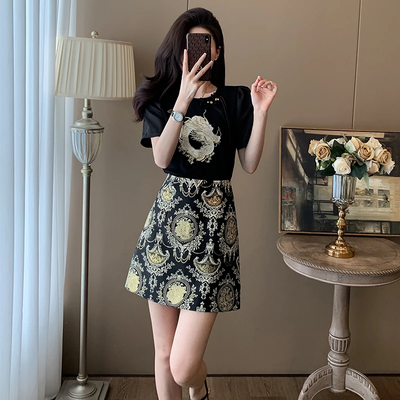 复古新中式短袖上衣套装女夏季2024新款时尚高腰中国风短裙两件套