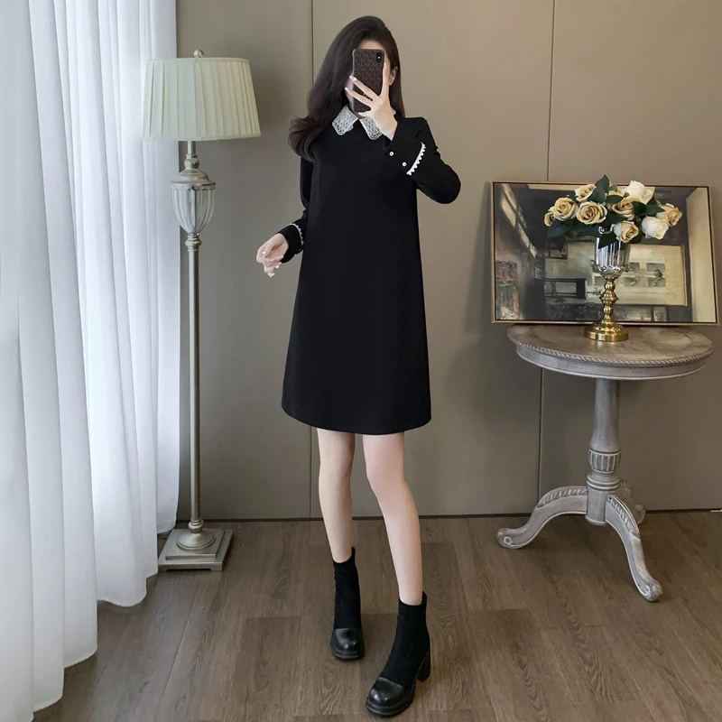 黑色时尚宽松连衣裙气质高级感2023新款洋气小个子秋冬打底连衣裙