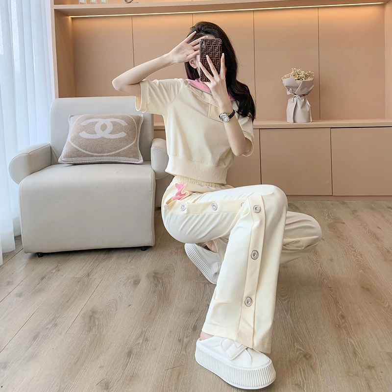 网红2023新款运动休闲套装女夏时尚减龄炸街短袖阔腿裤两件套洋气