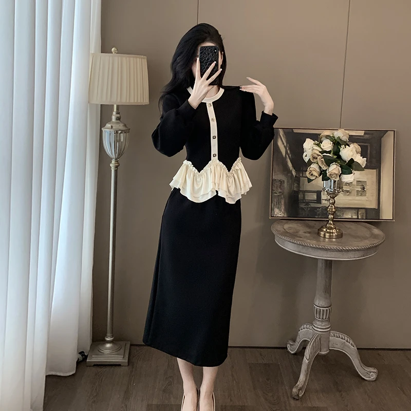 法式复古小香风两件套装女秋装新款赫本风黑色丝绒连衣裙气质长裙