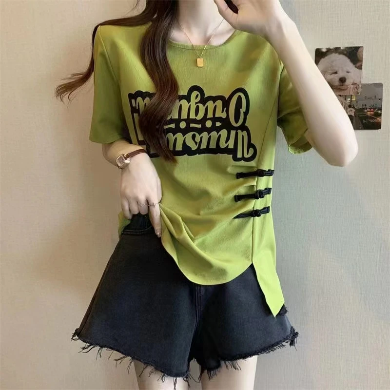 夏季新中式宽松印花t恤显瘦盘扣开叉不规则设计感ins百搭小众休闲
