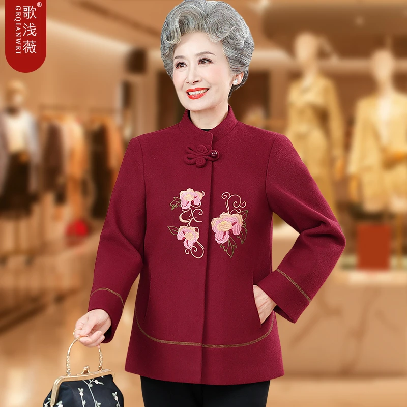 奶奶秋装新款毛呢外套女中老年人妈妈高档喜庆红色唐装老人80大寿