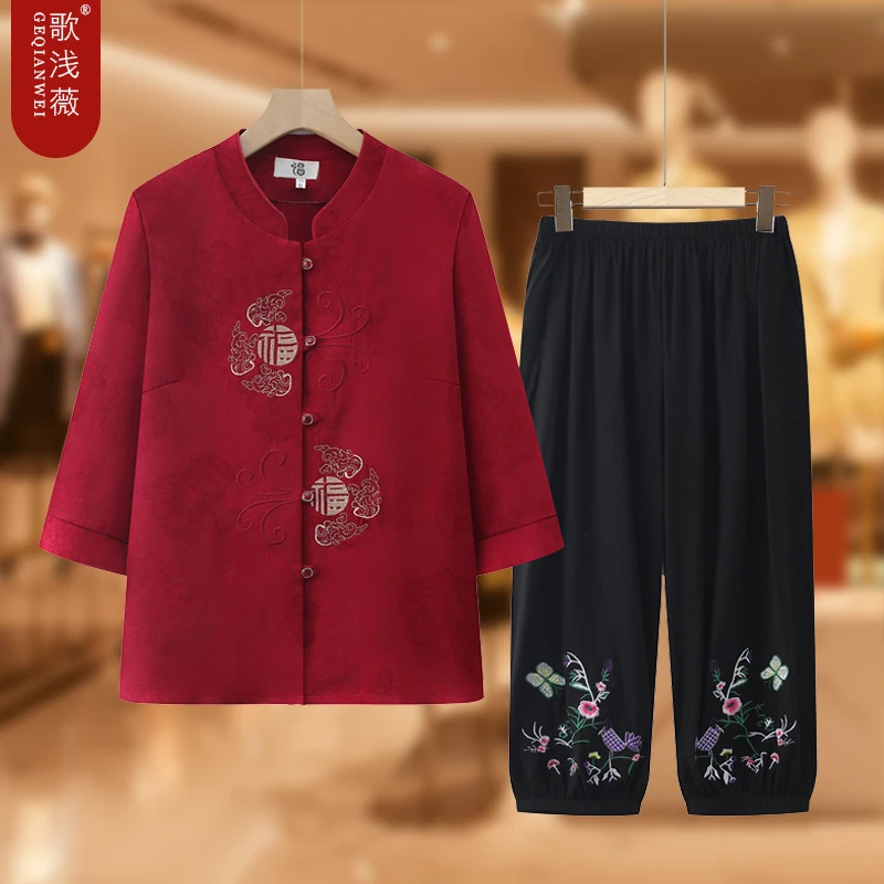 奶奶夏装立领衬衫七分袖老年人女妈妈夏季上衣老人老太太薄款衣服