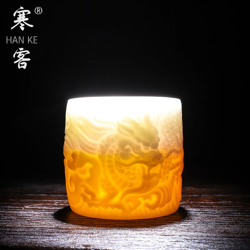 高端白瓷浮雕龙凤主人杯男女对杯羊脂玉冰种玉瓷素烧龙年礼品单杯