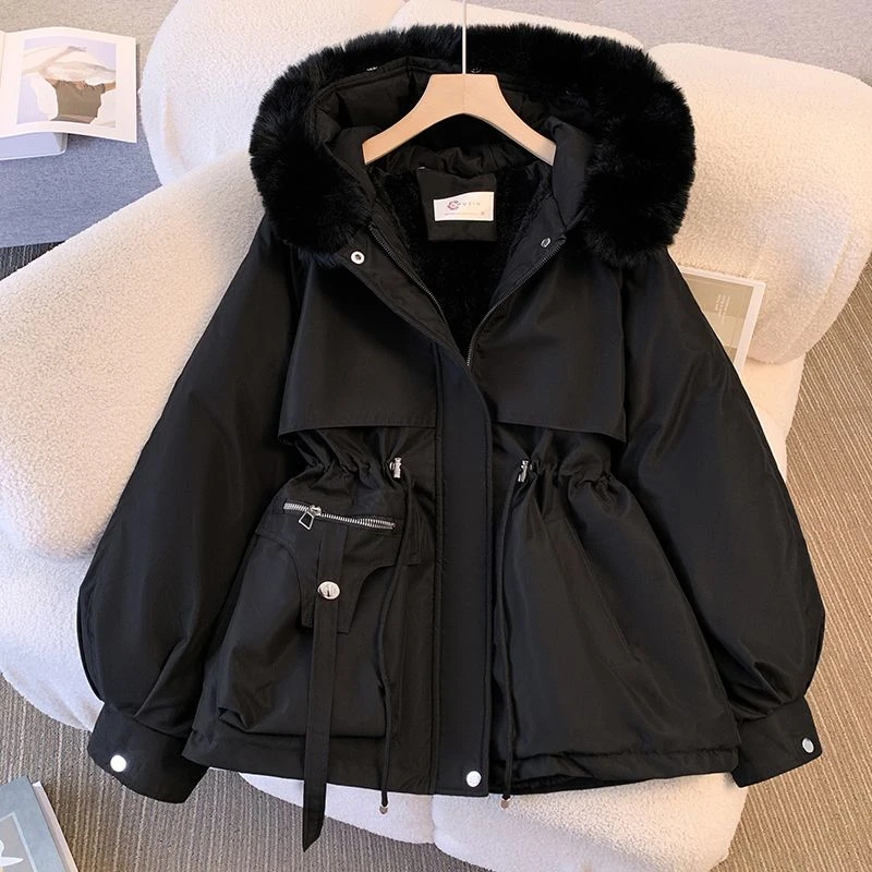 胖妹妹大码加绒加厚大毛领派克服女新款中长款棉服外套潮