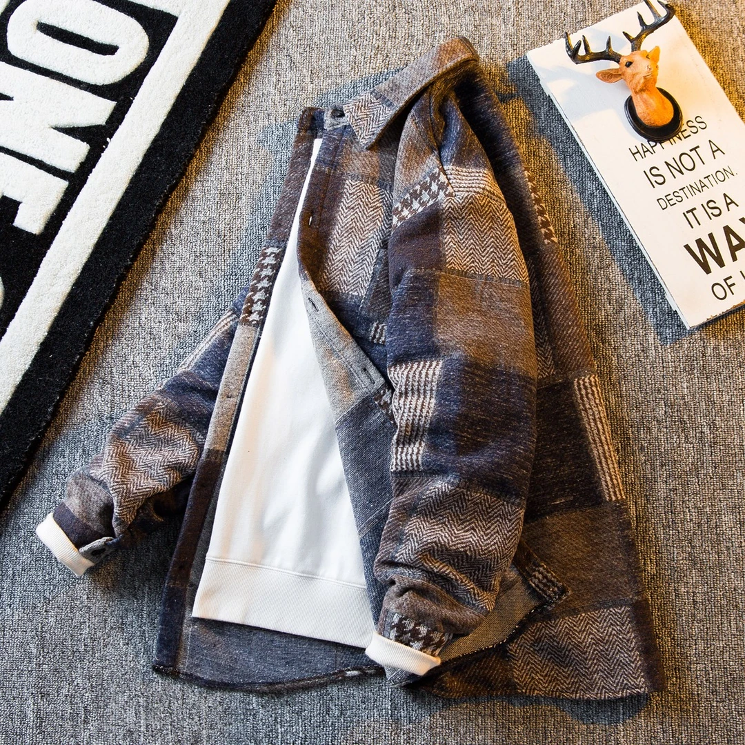 仓石一树格子拼接磨毛衬衫男长袖秋季痞帅休闲潮流毛呢衬衣外套