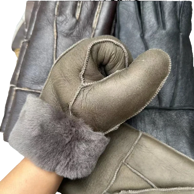 男女羊毛手套皮毛一体真皮手套户外骑车防风保暖加厚加绒手套黑色