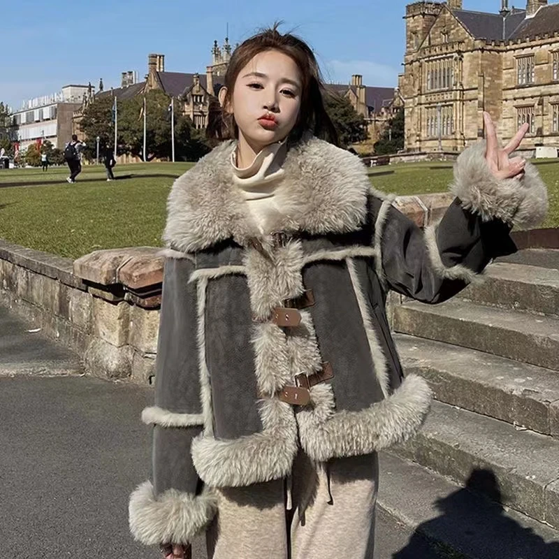 【清库存优质加厚】2023新款皮毛一体羔羔毛外小个子洋气短款外套
