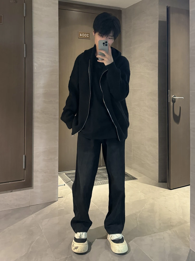 （懒猪）美式连帽毛衣男女纯色经典秋冬季中性风设计感针织开衫外套