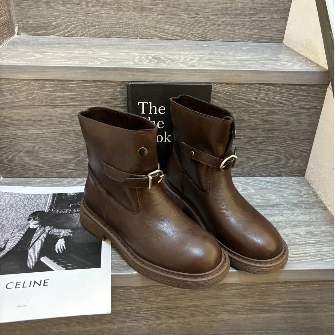 【左右】马丁靴女2024秋季新款复古真皮工装短袖秋冬单靴子时尚百搭