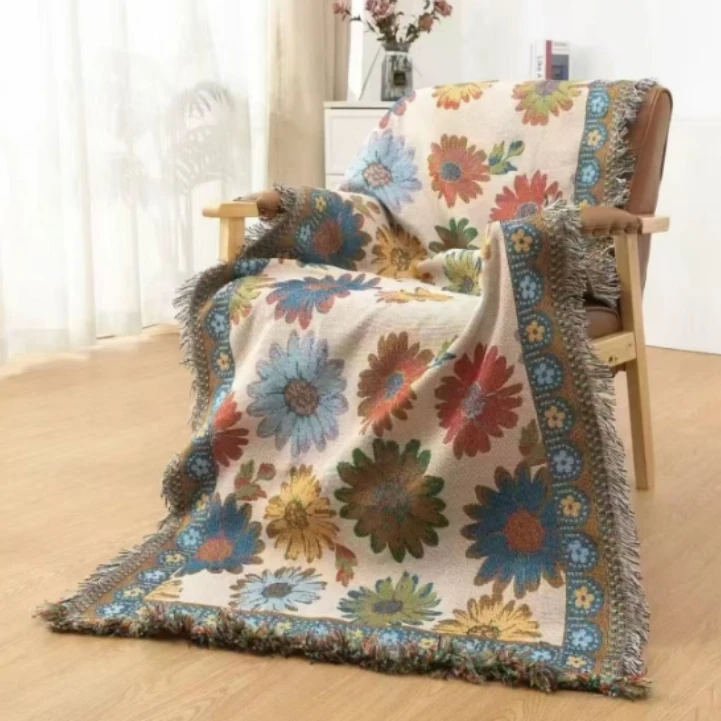 七彩小花 90*240cm棉麻沙发巾 加厚加大 流苏款