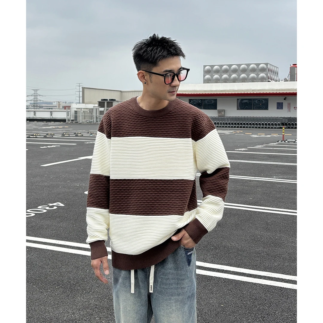 秋冬季新款条纹设计帅气休闲宽松百搭打底针织衫圆领毛衣男男款
